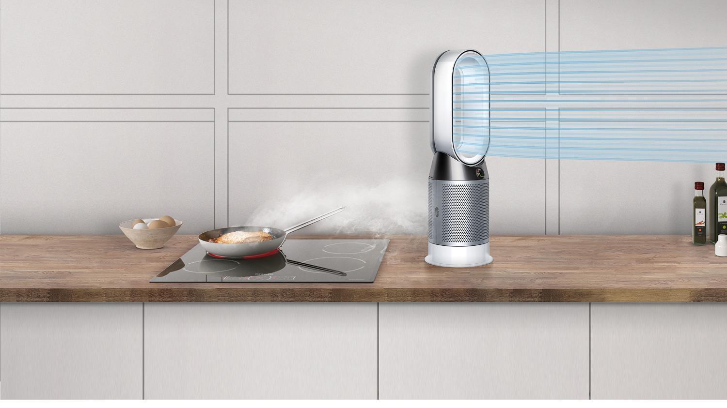 Dyson Pure Hot+Cool™ purifier fan heater on surface in kitchen